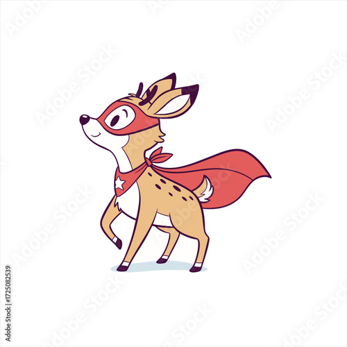 Cute cartoon deer superhero with red cape and mask