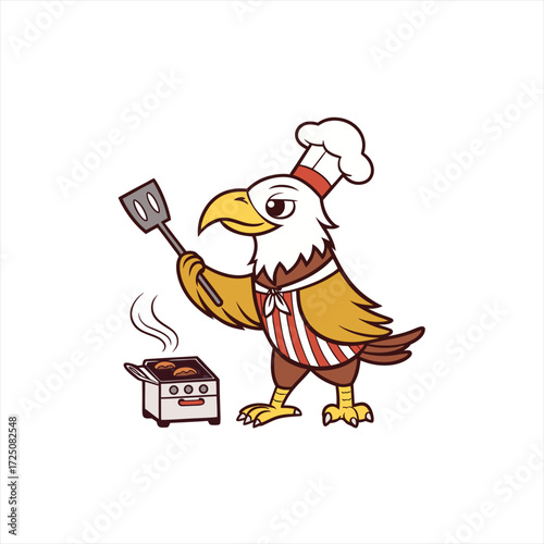 Cartoon eagle chef grilling burgers on a barbecue with a spatula