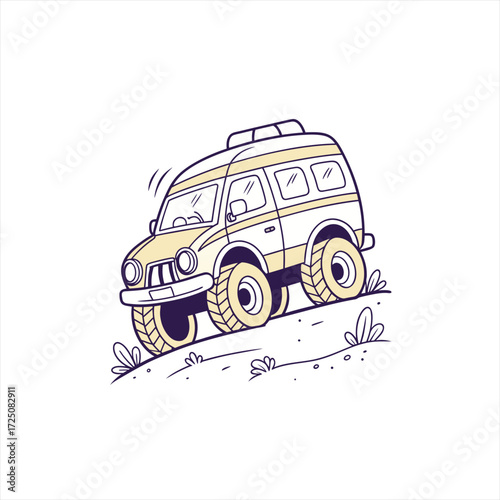 Cute cartoon off road vehicle driving on a hill