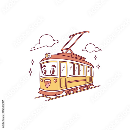Happy cartoon tram character with clouds and stars