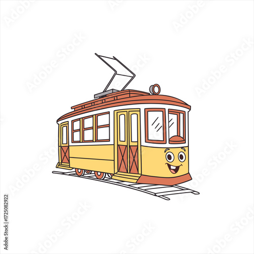 Happy cartoon tram with a smiling face on white background