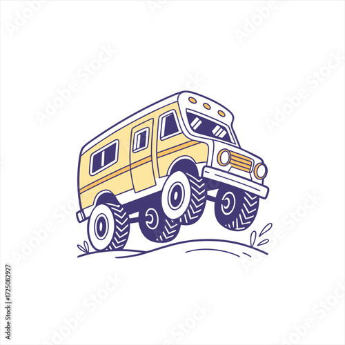 Cartoon off road camper van driving over bumps