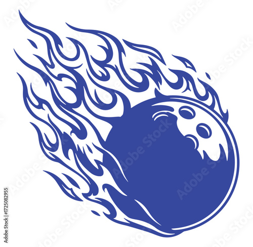 Blue bowling ball engulfed in flames illustrated as a sport and recreation symbol