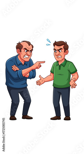 Furious father and son having a difficult confrontation and disagreement with angry faces