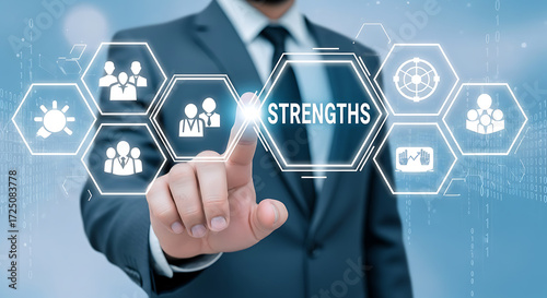 Business analysis and identifying strengths with a digital interface highlighting success icons