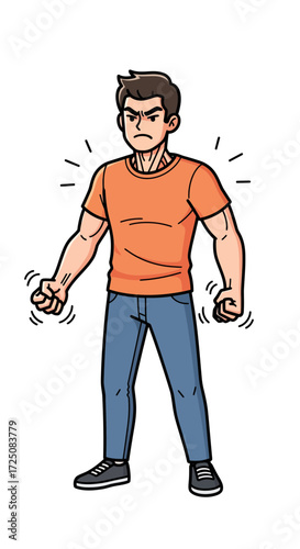 A cartoon illustration of a frustrated young man clenching his fists, radiating intense anger and emotional tension