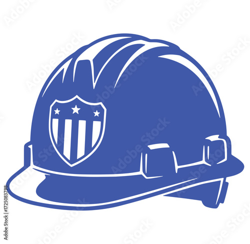Blue construction helmet featuring a shield with stars and vertical lines on a white background