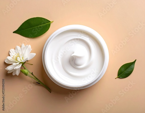 Top-down view of a white jar of cream, with a flower and leaves