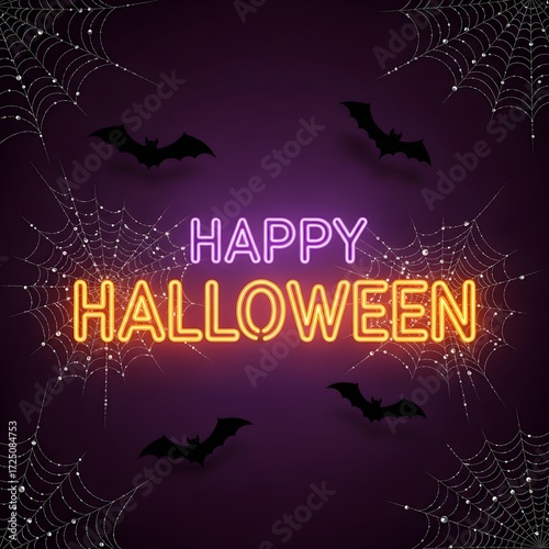 Happy Halloween Neon Sign with Bats and Cobwebs on Dark Purple Background - Spooky Celebration