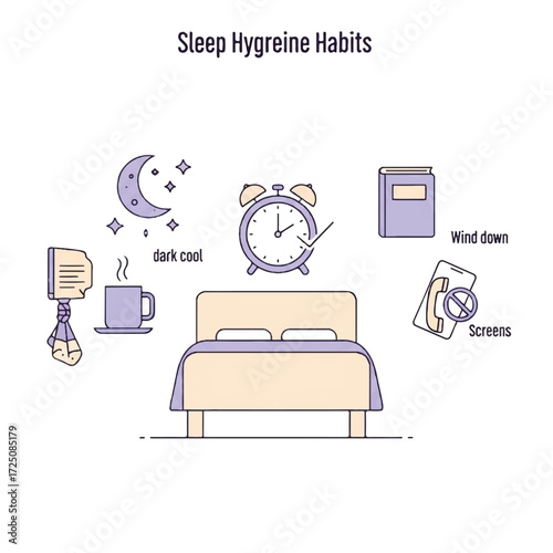 Infographic illustration of good sleep hygiene habits including a bed, alarm clock, and calming pre-sleep activities against a clean white background with a calming color palette.