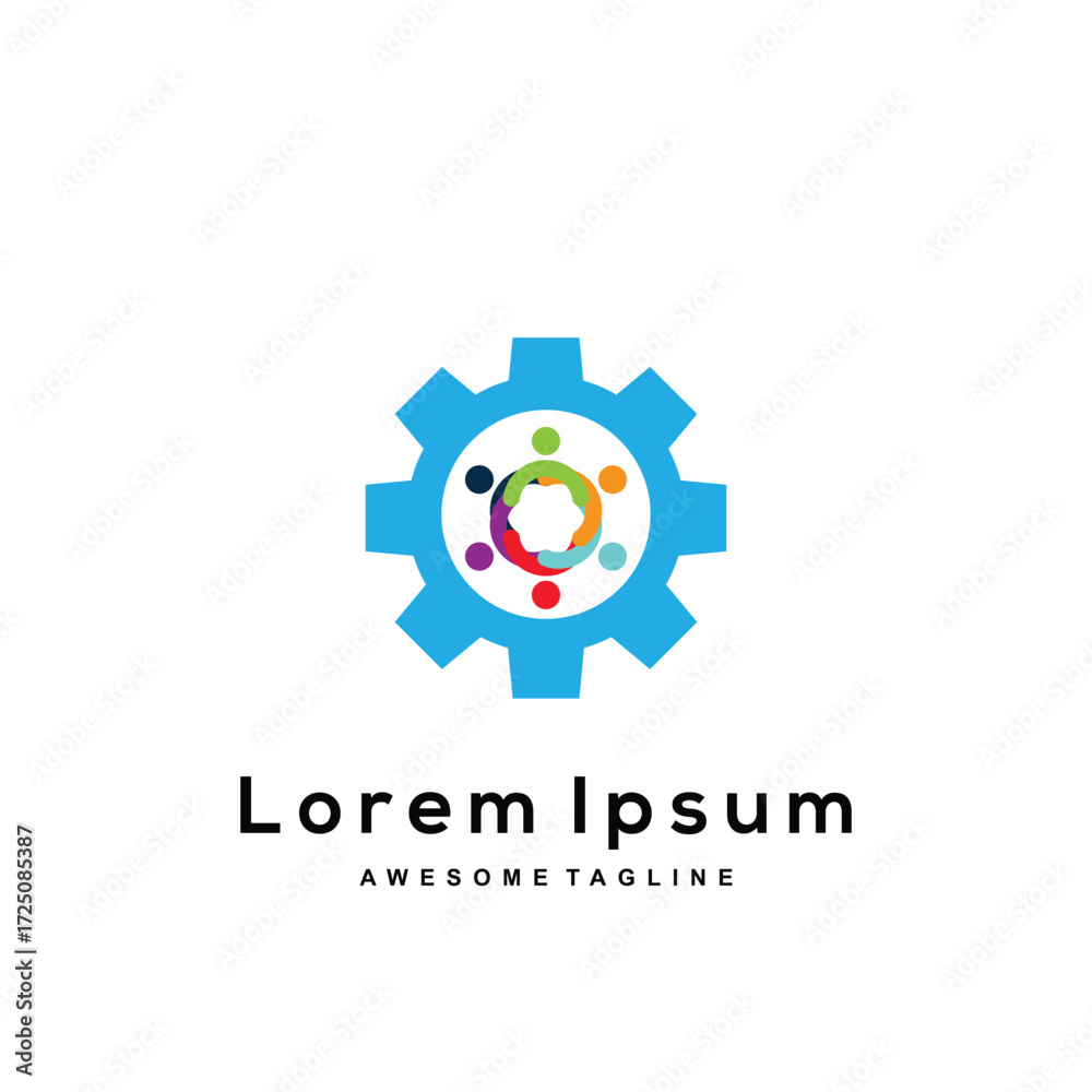 Fototapeta premium Teamwork gear logo with colorful people circle, modern community and technology symbol design