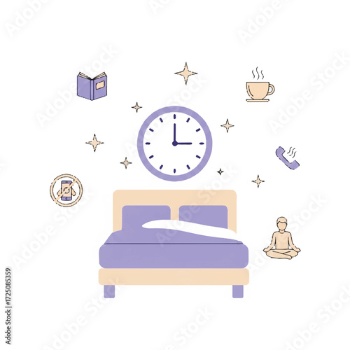 Illustration of a bed with a clock and various morning routine icons floating above it, including a book, coffee cup, phone, and meditation figure, against a clean white background with a