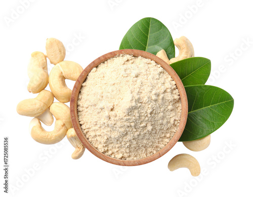 Finely ground cashew powder isolated on white, used in vegan and gluten-free recipes.