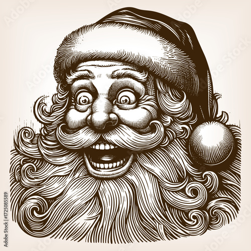 Santa Claus with wide eyes, curly beard, and comical expression, quirky humor sketch engraving generative ai fictional character vector illustration. Scratch board imitation. Black and white image.