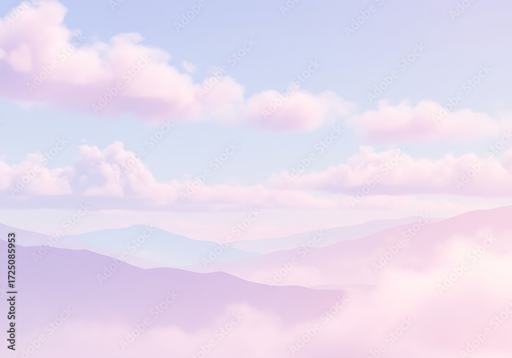 Fototapeta premium Pastel sky with soft pink clouds and distant mountains creating a dreamy and ethereal landscape view