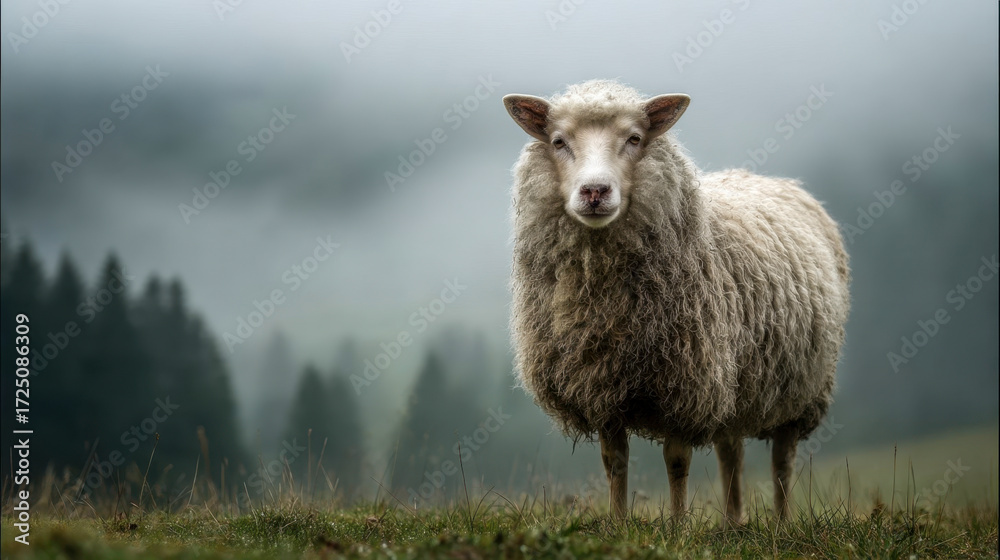 Fototapeta premium Sheep standing on misty mountain meadow, animal portrait on farm in foggy countryside