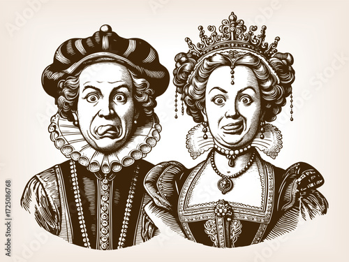 comical king and queen, smiling mischievously with exaggerated expressions sketch engraving generative ai fictional character vector illustration. Scratch board imitation. Black and white image.