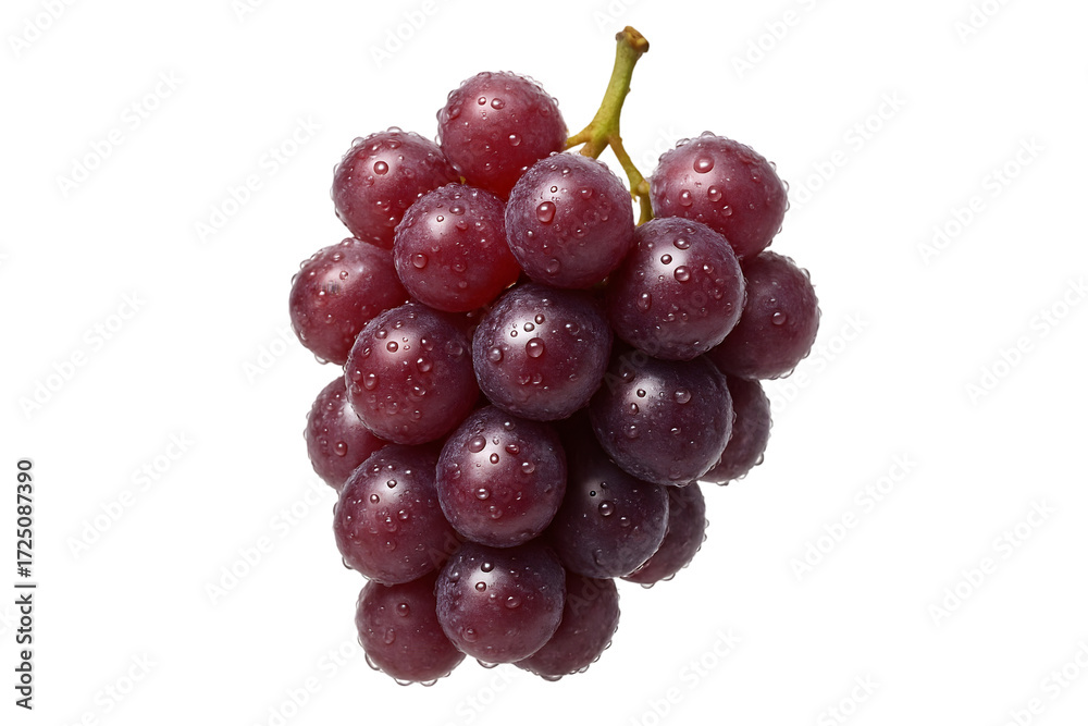 Fototapeta premium A close-up studio shot features a bunch of fresh red grapes covered in water droplets. Isolated on a transparent background, highlighting their vibrant color and juicy texture.