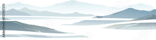 Modern illustration of mountains layered in misty, soft blue tones, perfect for tranquil nature scenes, travel, outdoor adventure, and peaceful environment themes