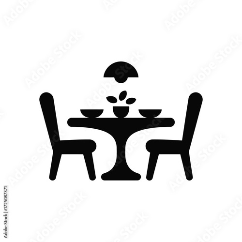 Black Dining Table Icon With Chairs, Dishes, Plant, and Lamp on White