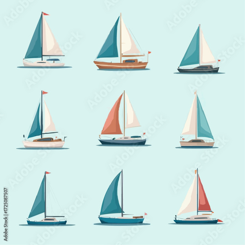 Collection of diverse stylized sailboats and yachts, depicting various designs for maritime themes, water sports, and nautical adventures, perfect for design projects and leisure concepts