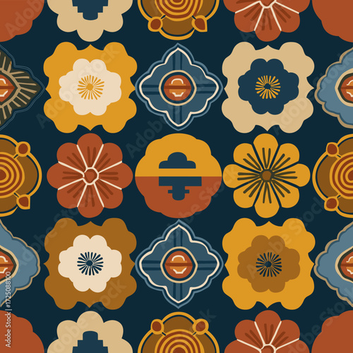 Traditional floral geometric pattern set with ornamental motifs
