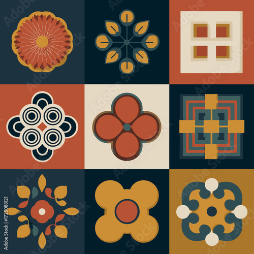 Traditional floral geometric pattern set with ornamental motifs

