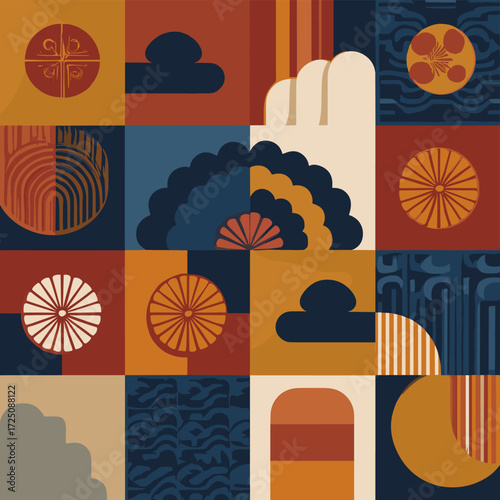 Traditional floral geometric pattern set with ornamental motifs
