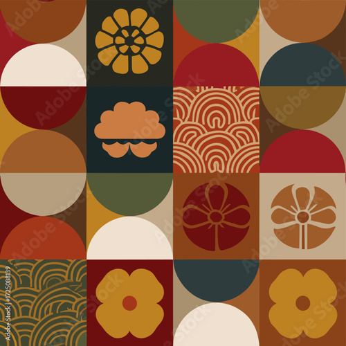 Traditional floral geometric pattern set with ornamental motifs
