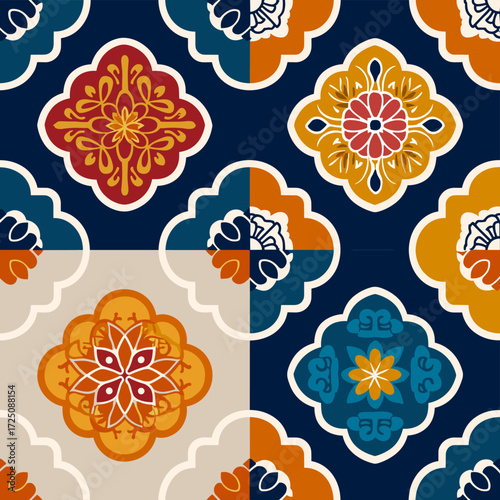 Traditional floral geometric pattern set with ornamental motifs
