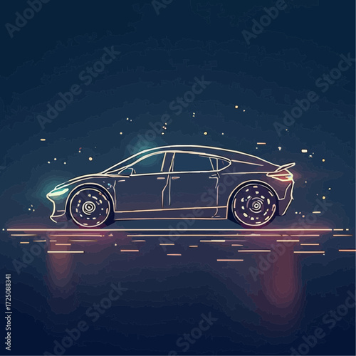 Futuristic electric vehicle concept with glowing lines and neon accents on a dark background, representing advanced automotive technology and innovation
