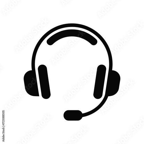 Black Headset Icon with Microphone on White Background for Customer Support