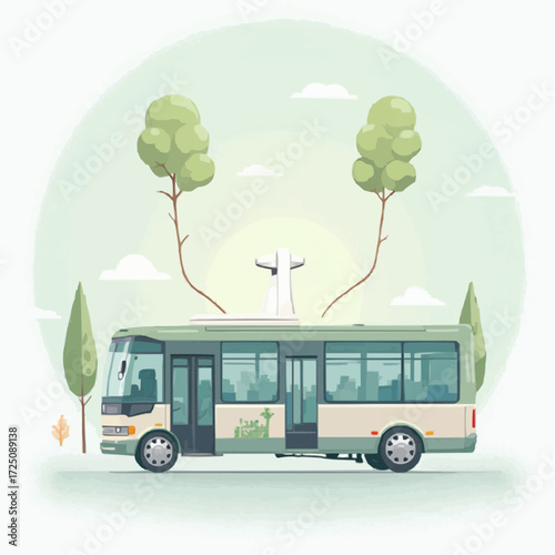 A collection of illustrated transport vehicles including minibuses, city shuttles, and recreational camper vans. Flat design vector graphic set