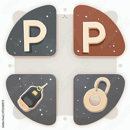 Abstract graphic with four sections featuring stylized letters 'P', a car key fob, and a padlock illustration on a neutral background