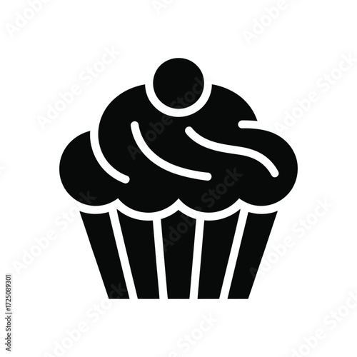 Black Icon of a Cupcake with Frosting and Topping Isolated on White