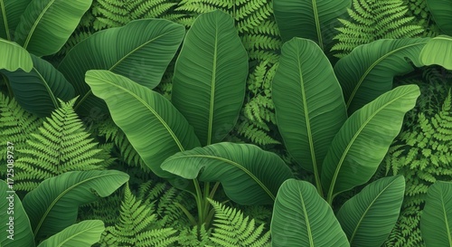 Lush green botanical illustration featuring banana leaves and fern fronds creating a dense jungle