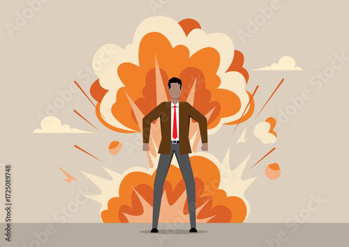 An angry businessman stands firm, fists clenched and a serious expression