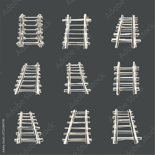 Collection of various railroad tracks rendered in a sketchy, hand-drawn illustration style on a dark background