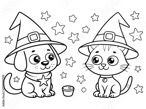 Adorable cartoon puppy and kitten wearing witch hats and collars with stars sitting together with a small bucket and surrounded by stars isolated on white background