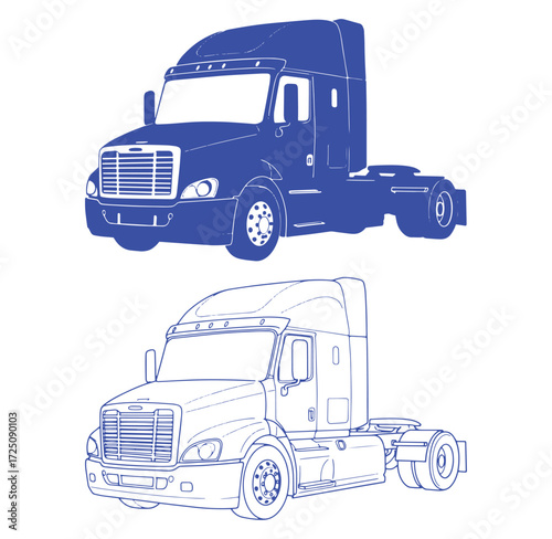 Detailed vector illustrations of a blue semi truck and a line art truck on white background