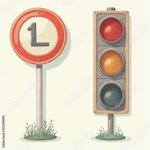 Educational graphic depicting essential road safety components, including a learner sign and a typical three-light traffic signal, ideal for driving instruction