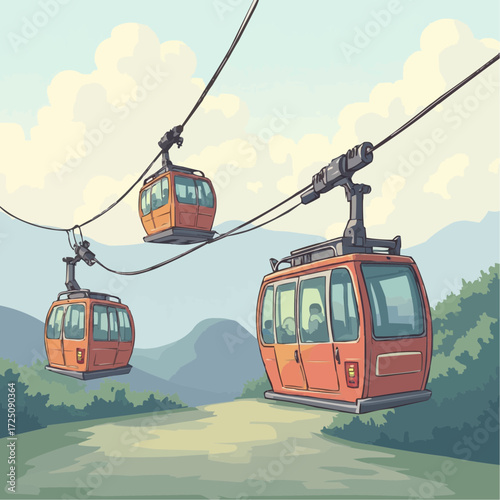 Vector art depicting a vibrant cable car system with orange cabins moving through a picturesque mountain landscape under a partly cloudy sky