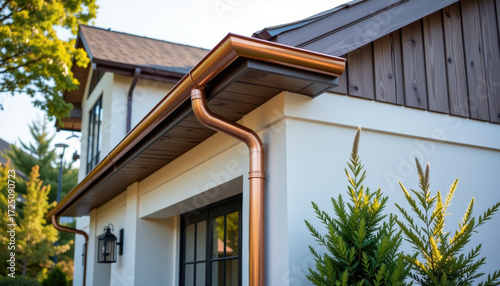 Copper gutter on modern residential house exterior with evergreen shrub and warm light