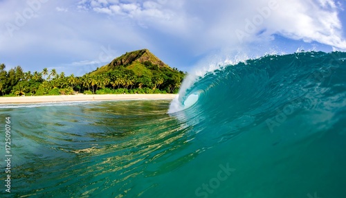 Tropical beach scene with a barreling wave