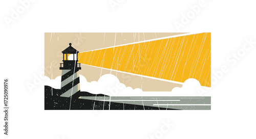 Lighthouse Action Scene, Coastal Landscape, Illustration, Stormy Environment, Dramatic Viewpoint, Guiding Light Concept