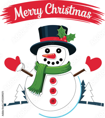 Joyful snowman with festive scarf and hat spreads Christmas cheer with warm greeting.