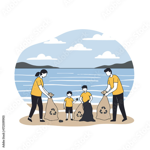 A responsible family participates in a beach cleanup, collecting trash into biodegradable bags, featured in a clean 2D flat vector illustration with a serene ocean and distant coastline.