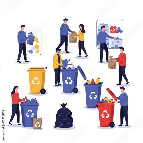 A diverse group of people sorts various waste into color-coded recycling bins, a clean and organized flat 2D vector illustration promoting environmental responsibility and sustainability.