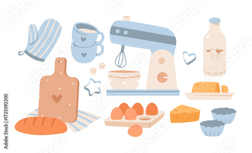 Baking tools and ingredients. Collection of kitchen utensils and pastry ingredients. Flat vector illustration set.