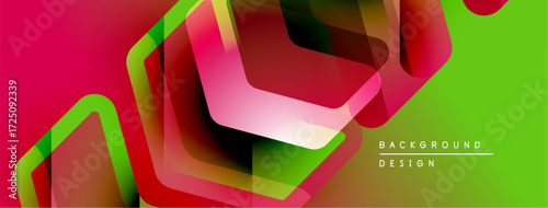 Abstract geometric shapes overlap. Vivid pink, green hues dominate composition. Modern design suggests dynamic energy, visual interest.